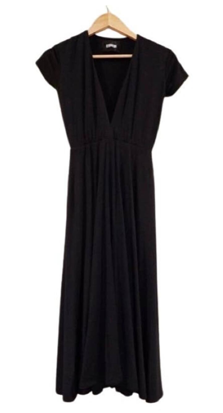 Reformation deep V black midi dress with short sleeves